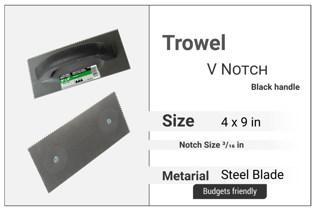 V Notch Trowel 9" x 4", V Notch 3/16", Black Plastic Handle