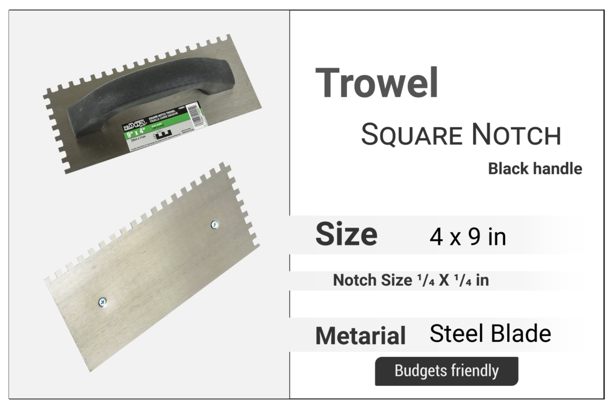 Square Notch Trowel 9" x 4", Notch 1/4" x 1/4", Black Plastic Handle
