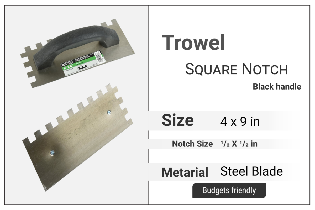Square Notch Trowel 9" x 4", Notch 1/2" x 1/2", Black Plastic Handle