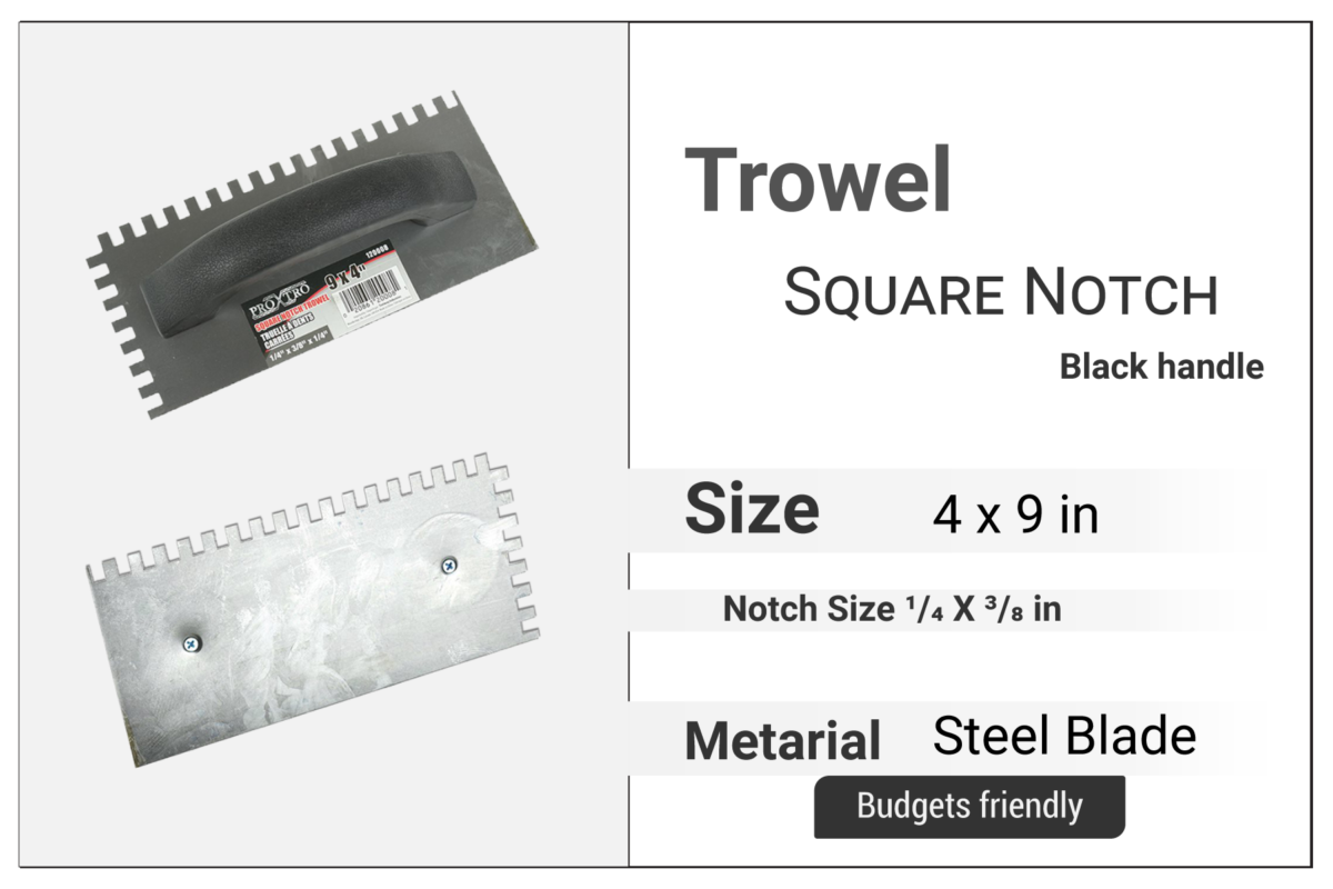 Square Notch Trowel 9" x 4", Notch 1/4" x 3/8", Black Plastic Handle