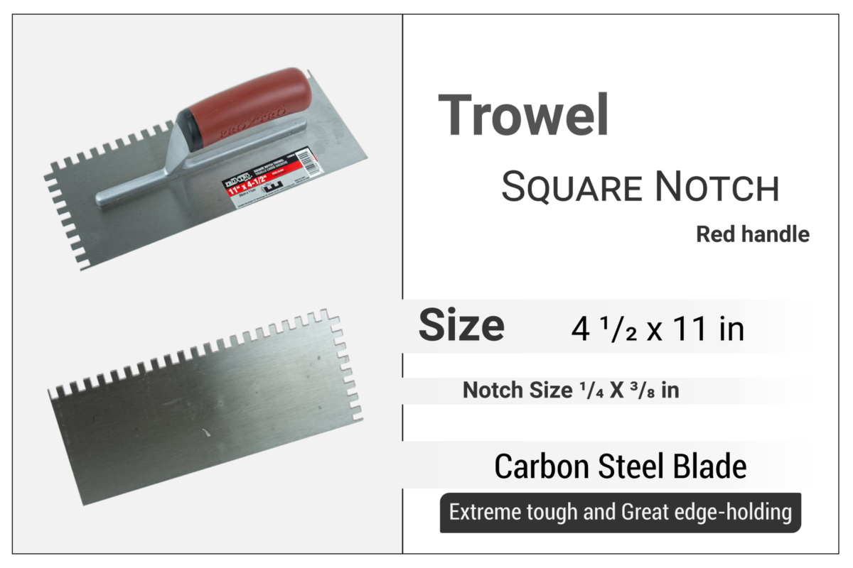 Square Notch Trowel 11" x 4", Notch 3/8" x 1/4", Red Handle