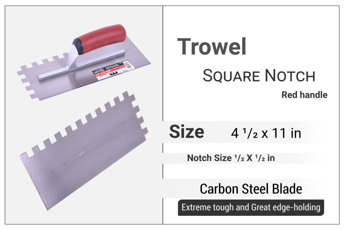 Square Notch Trowel 11" x 4", Notch 1/2" x 1/2", Red Handle