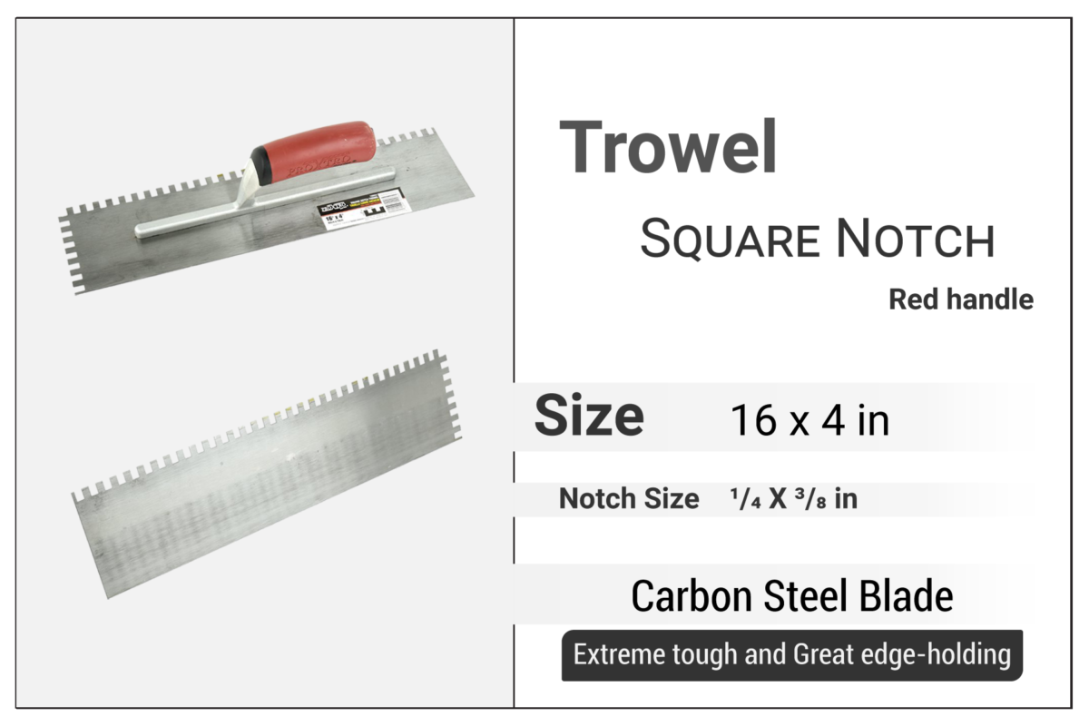 Square Notch Trowel 16" x 4", Notch 1/4" x 3/8", Red handle