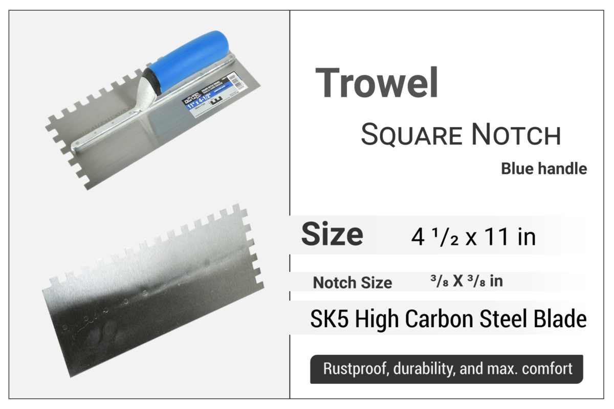 Square Notch Trowel 11" x 4 1/2", Notch 3/8" x 3/8", Blue Handle