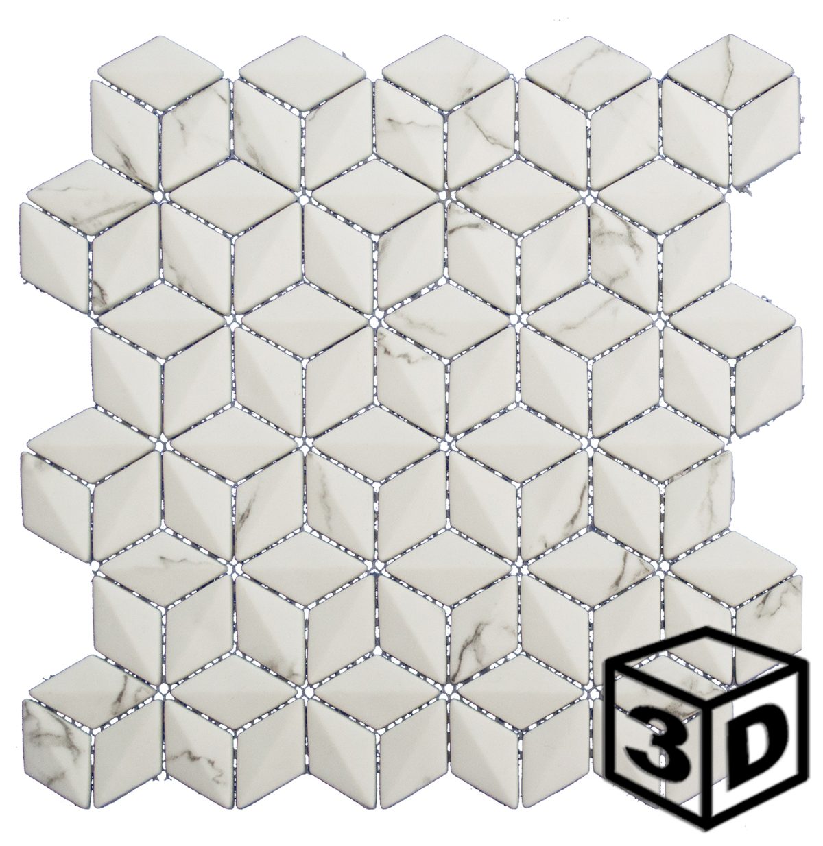 Amora Off-White 1" 3D Diamond Recycled Glass Mosaic