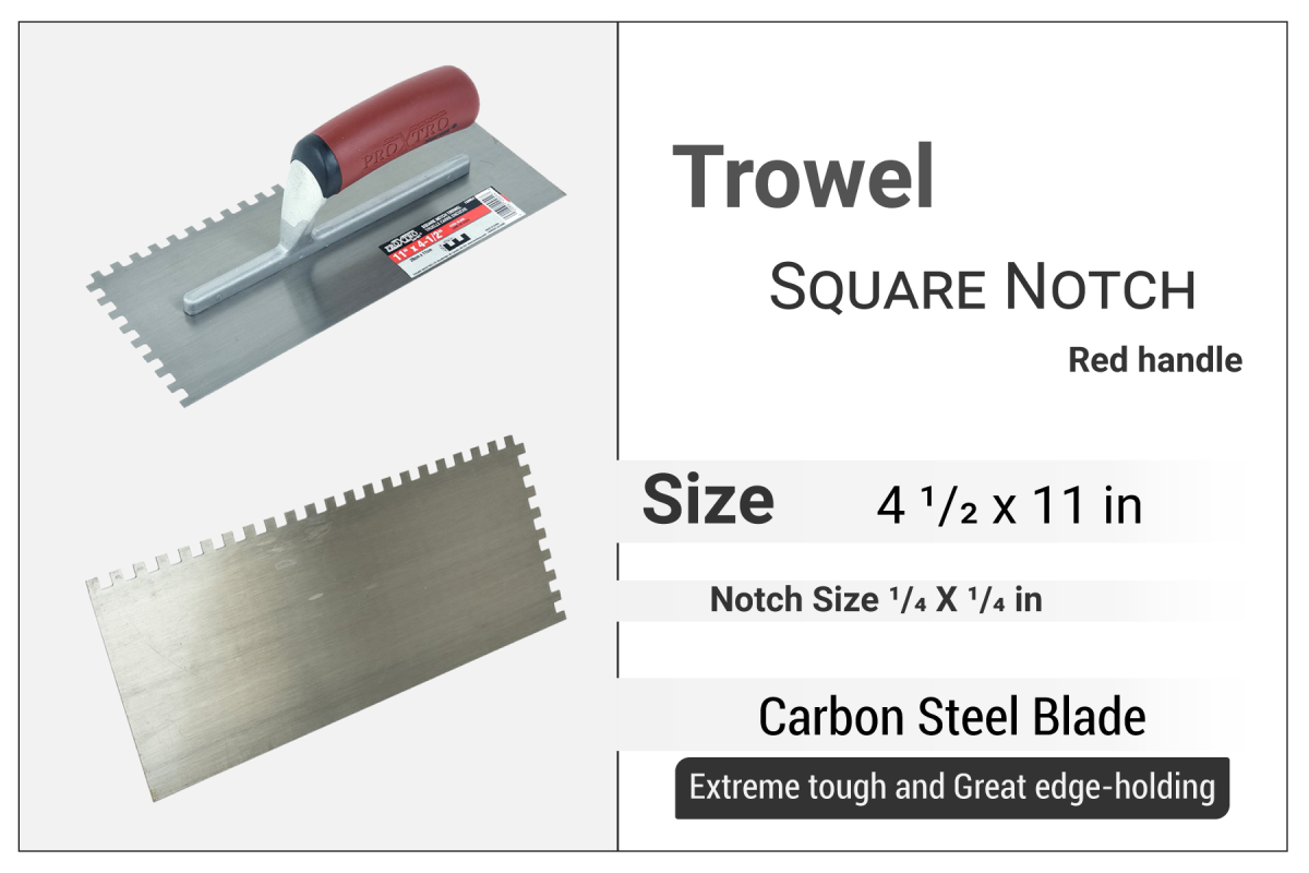 Square Notch Trowel 11" x 4", Notch 1/4" x 1/4", Red handle