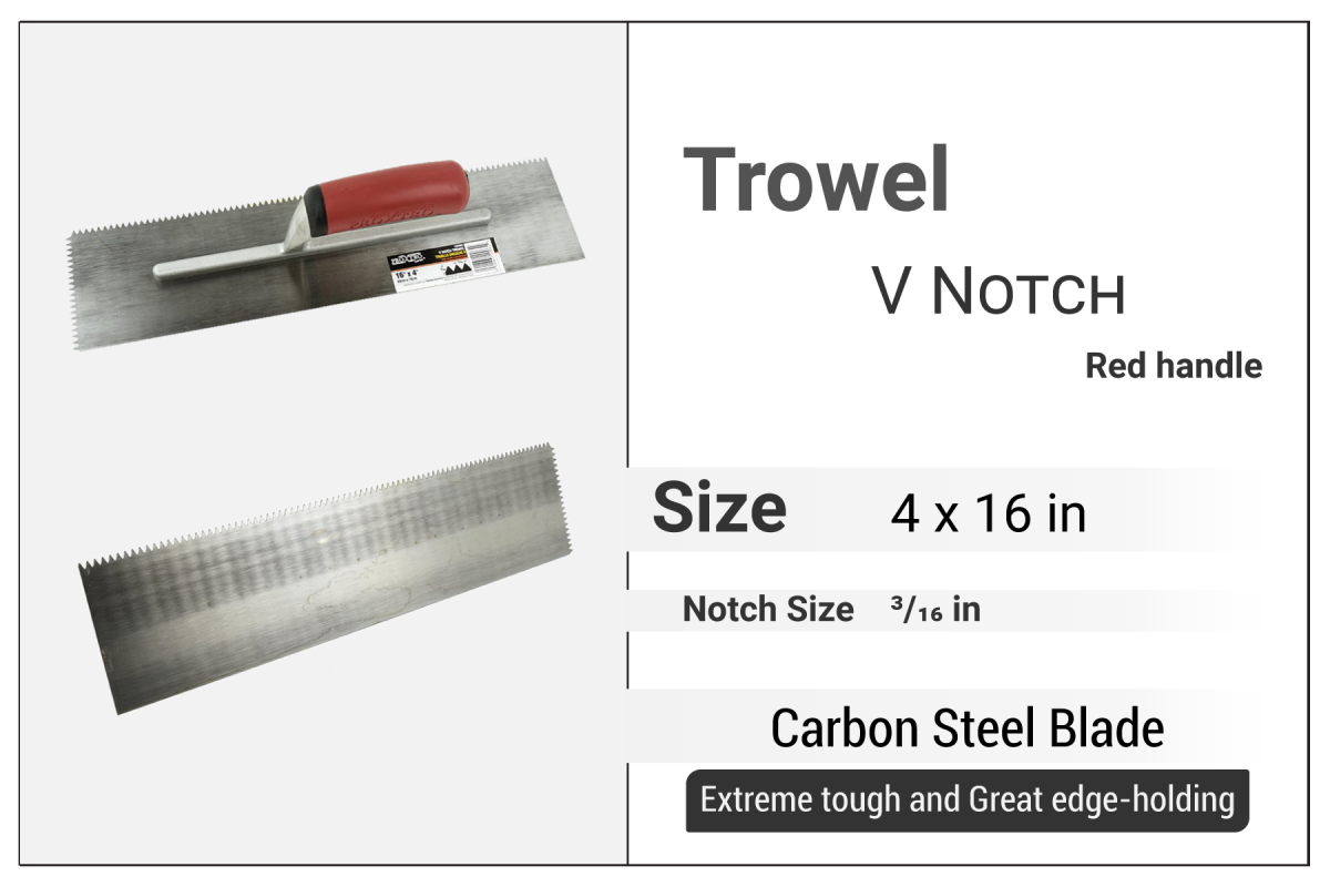 V Notch Trowel 16" x 4", V Notch 3/16", Red handle