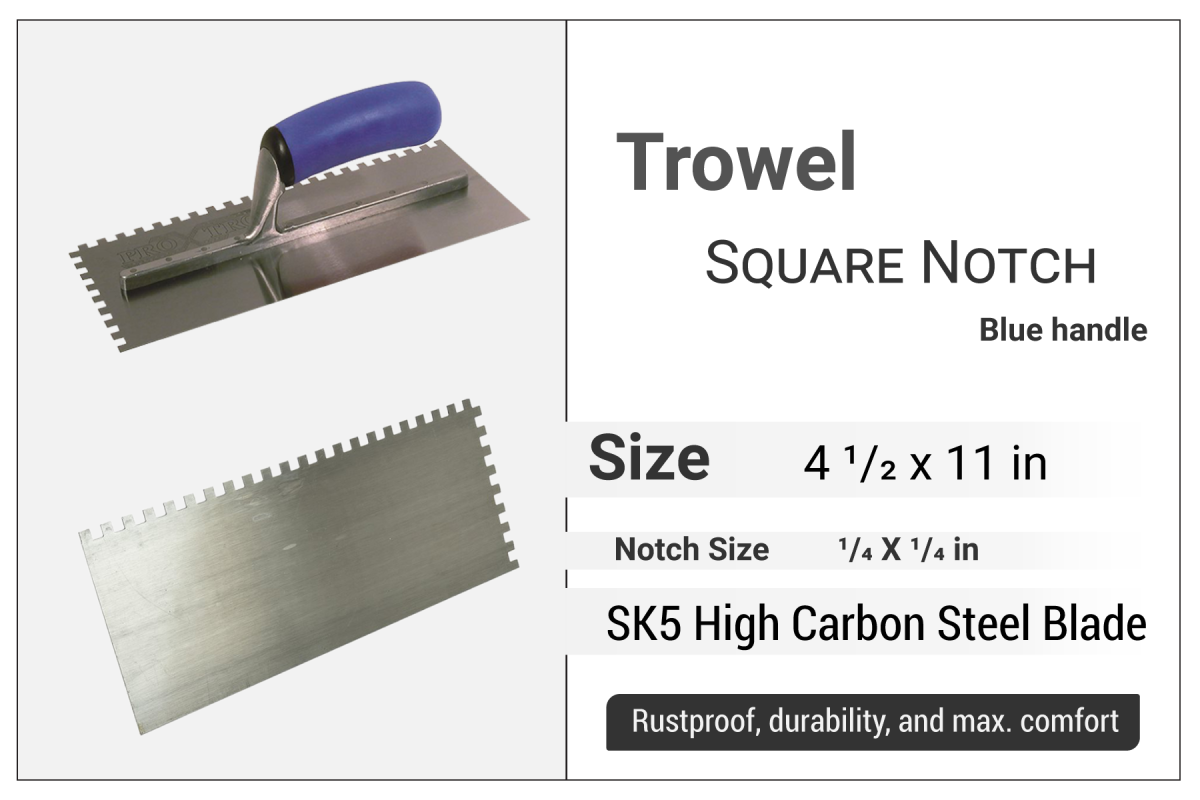 Square Notch Trowel 11" x 4 1/2", Notch 1/4" x 1/4", Blue Handle