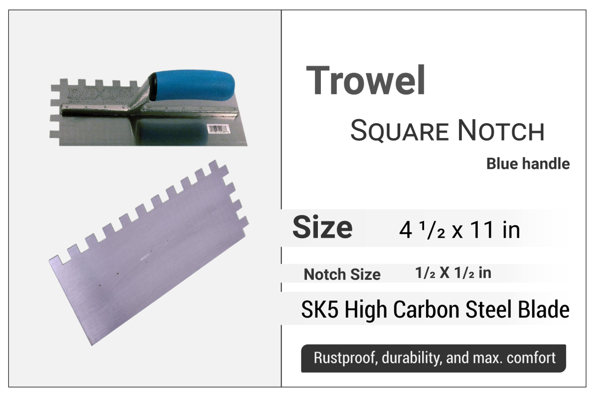 Square Notch Trowel 11" x 4 1/2", Notch 1/2" x 1/2", Blue Handle