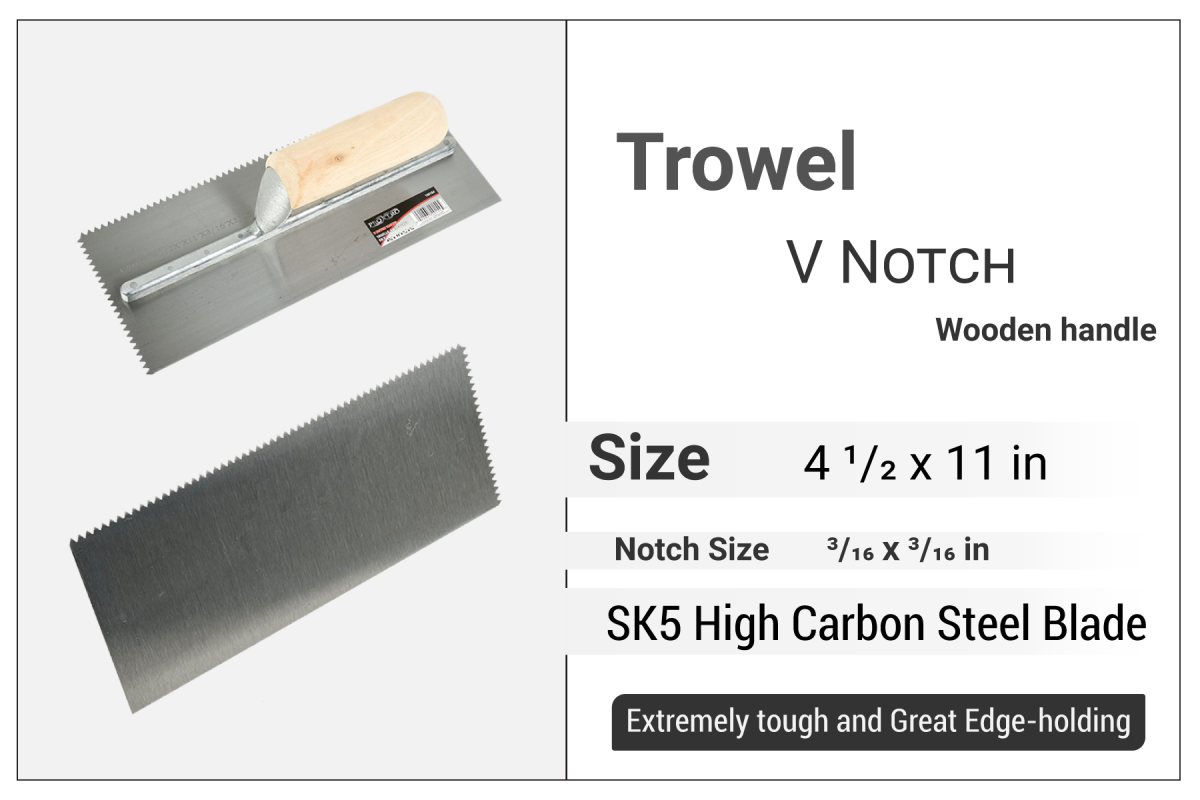 V Notch Trowel 11" x 4 1/2", V Notch 3/16" x 3/16", Wooden Handle