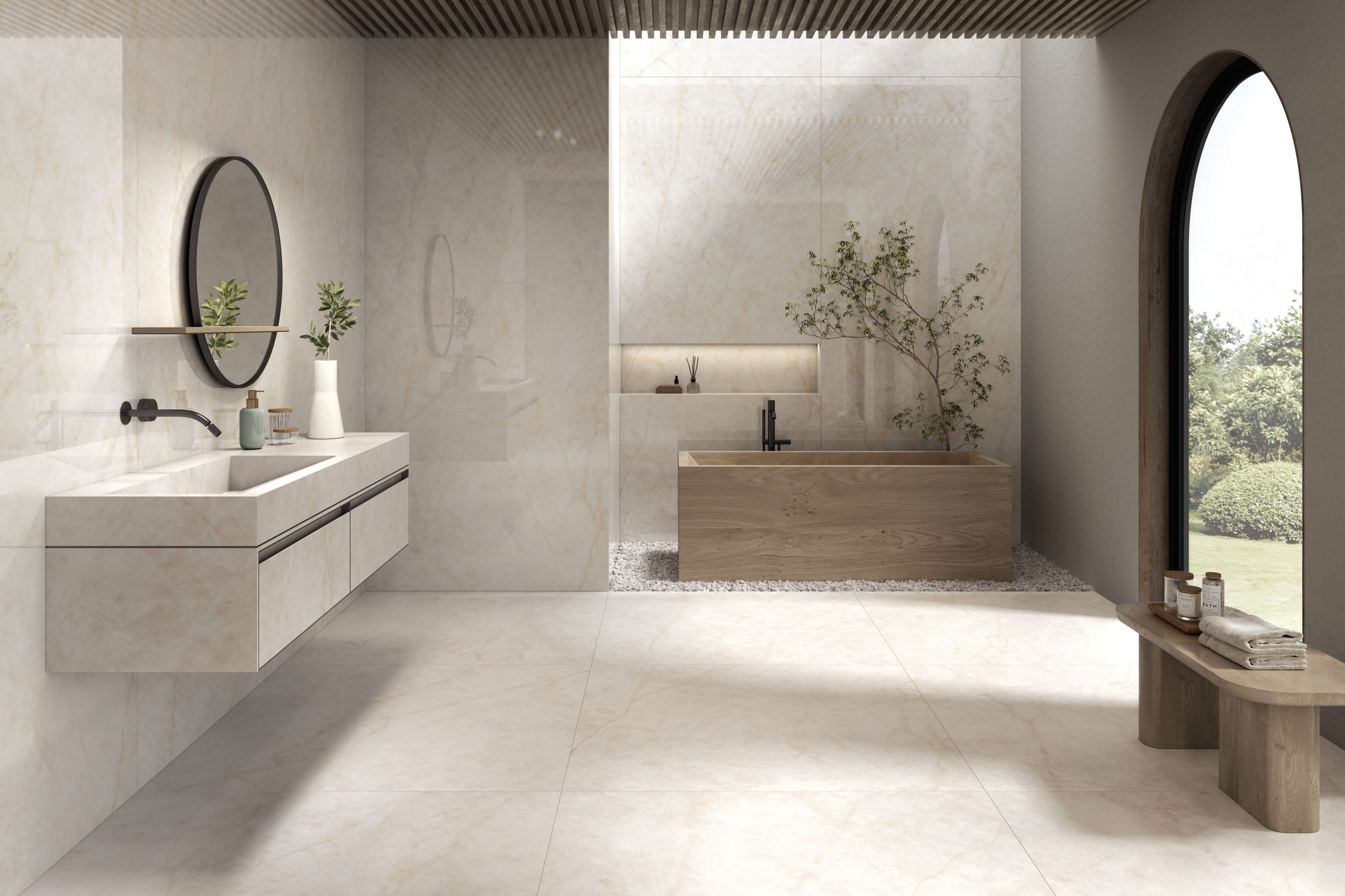 Corporate lobby with large-format concrete-look porcelain floor panels