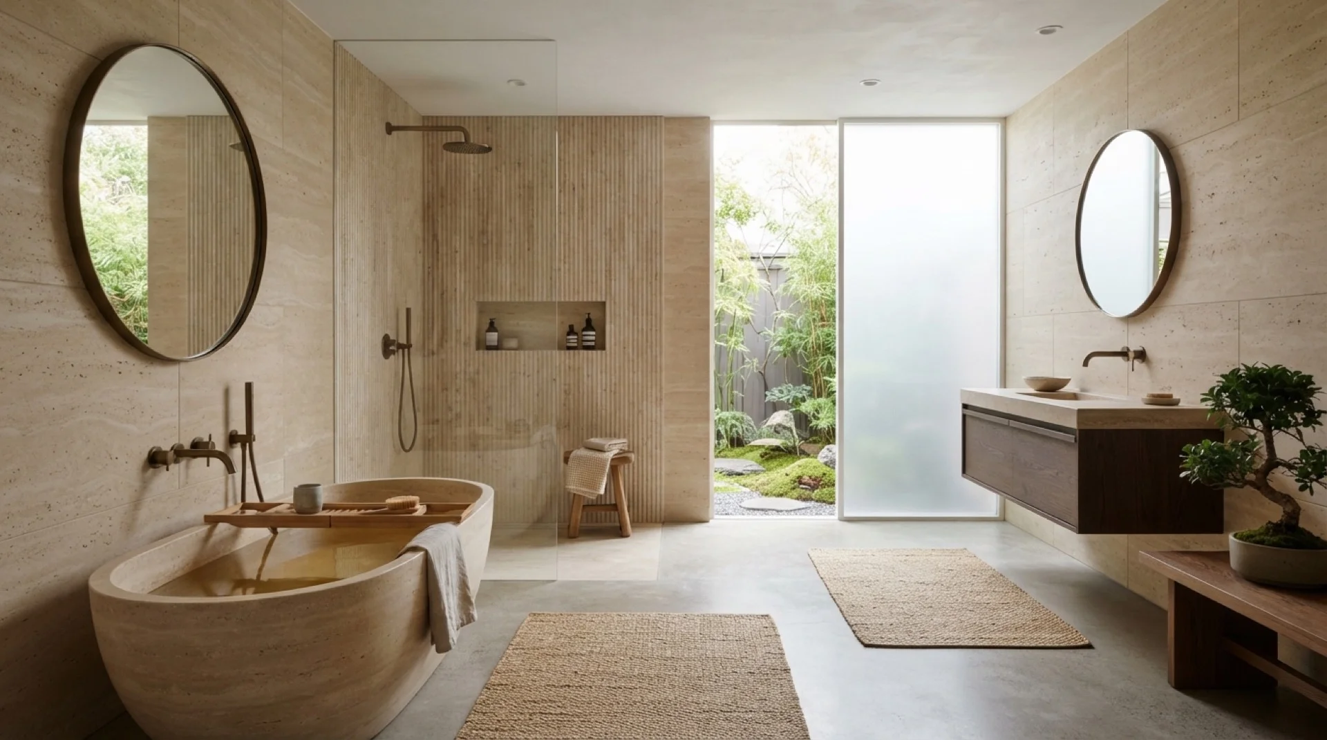 Minimalist bathroom with warm limestone wall tiles and a freestanding stone tub