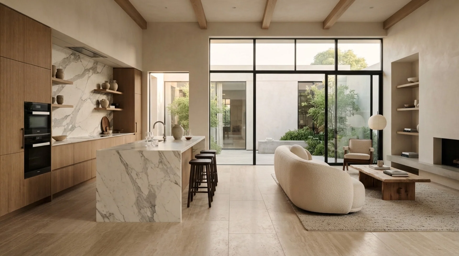 Minimalist kitchen and living space with honed stone floor tiles and a marble-look island