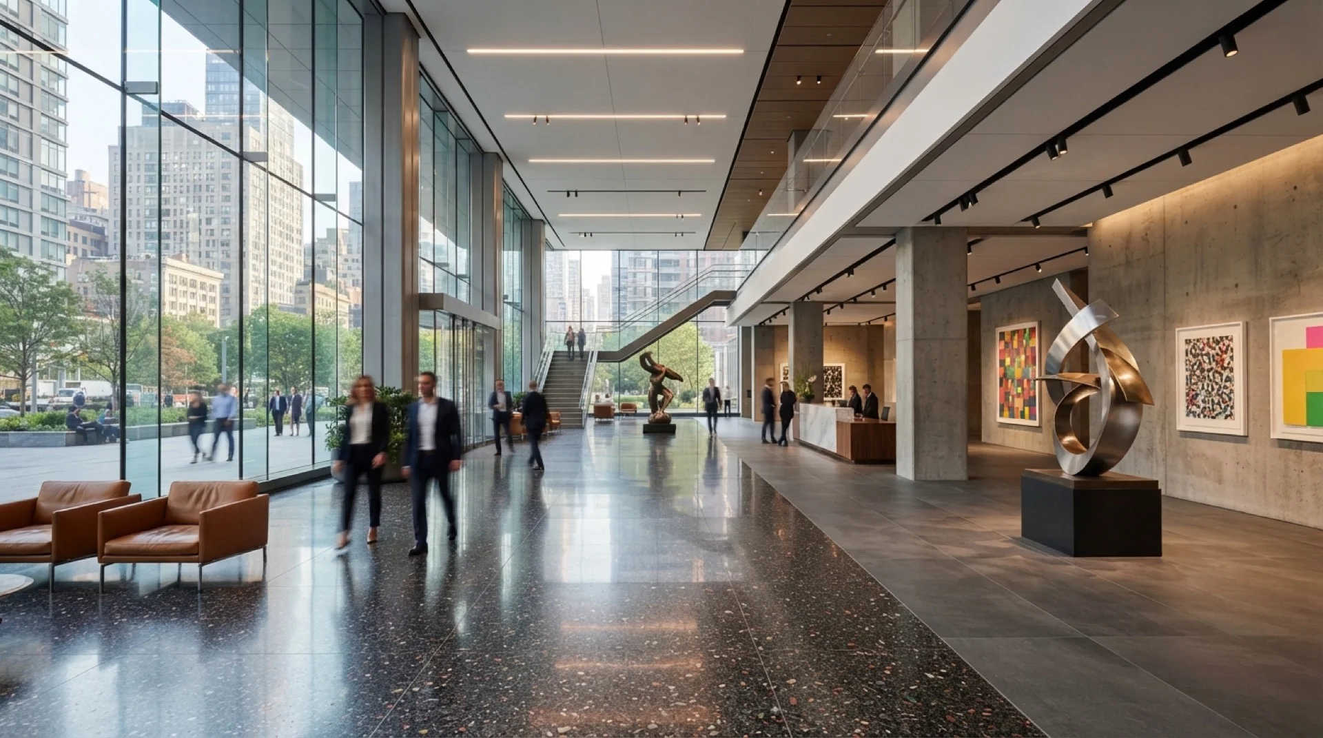 Corporate lobby with large-format concrete-look porcelain floor panels
