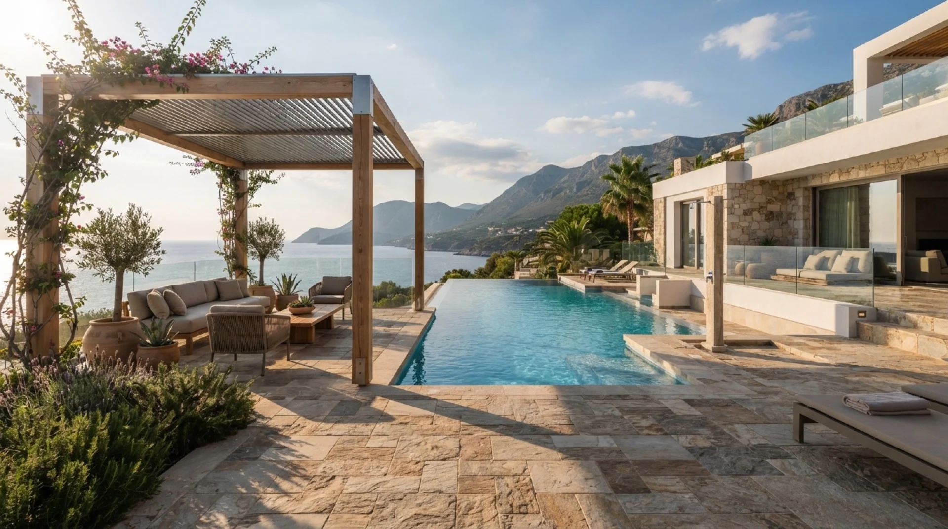 Outdoor villa terrace and pool deck with textured stone pavers