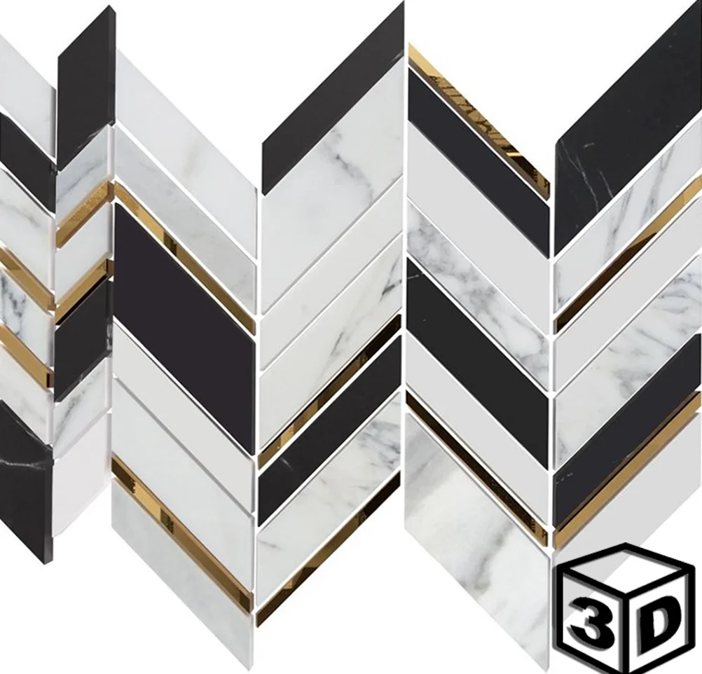 Luxembourg Statuario & Black Jade Marble Gold St. Steel Chevron